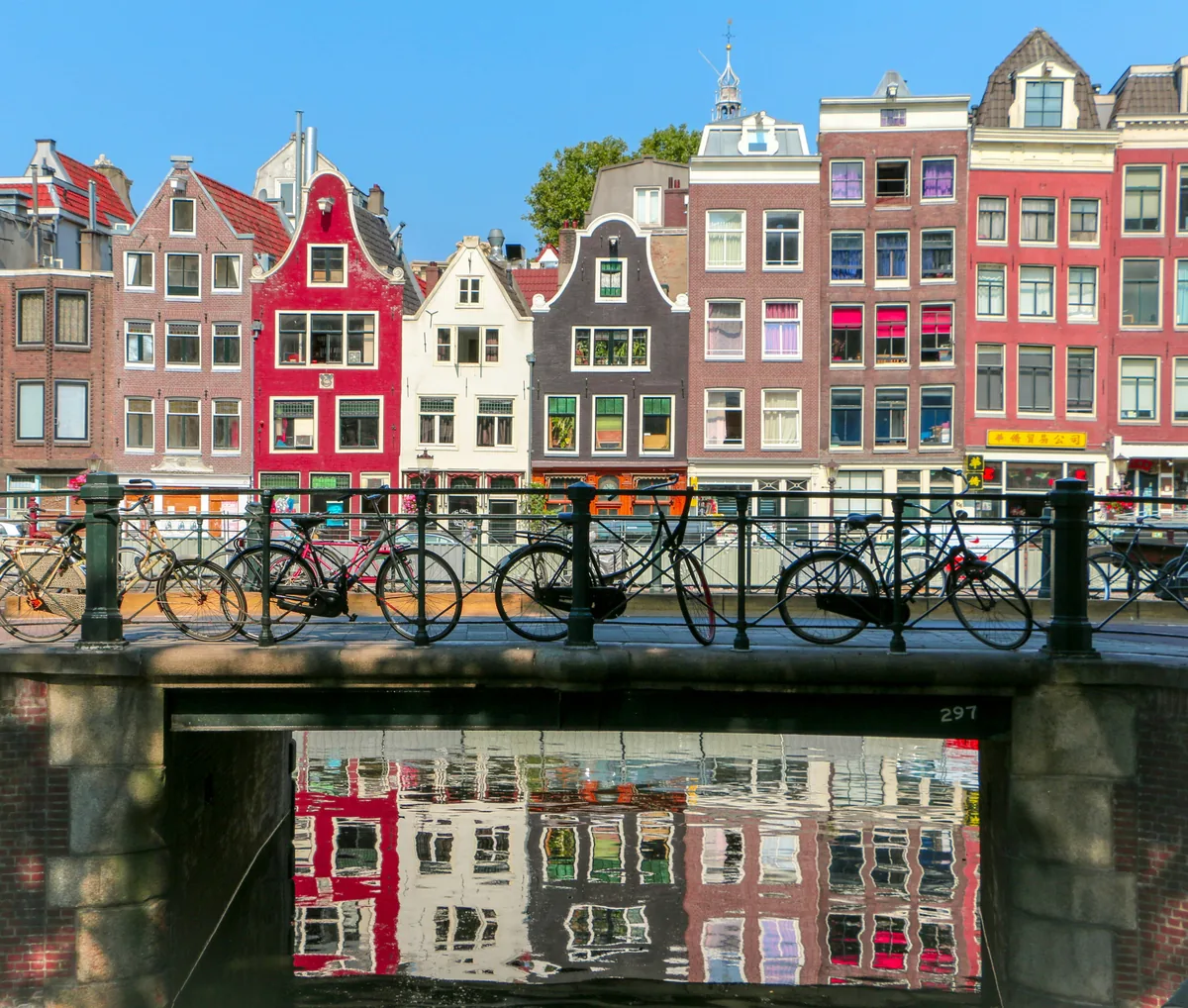 Bicycles parked on a bridge over a canal in Amsterdam with historic buildings