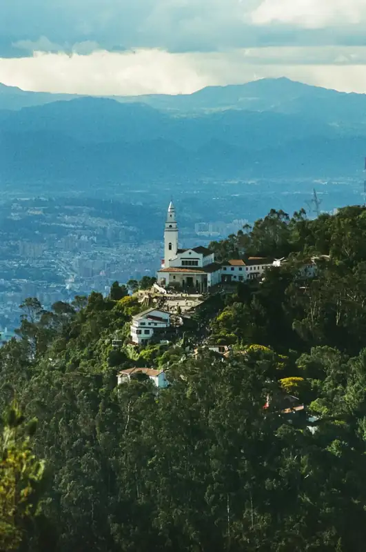 A church on a hill with a view of the city below
