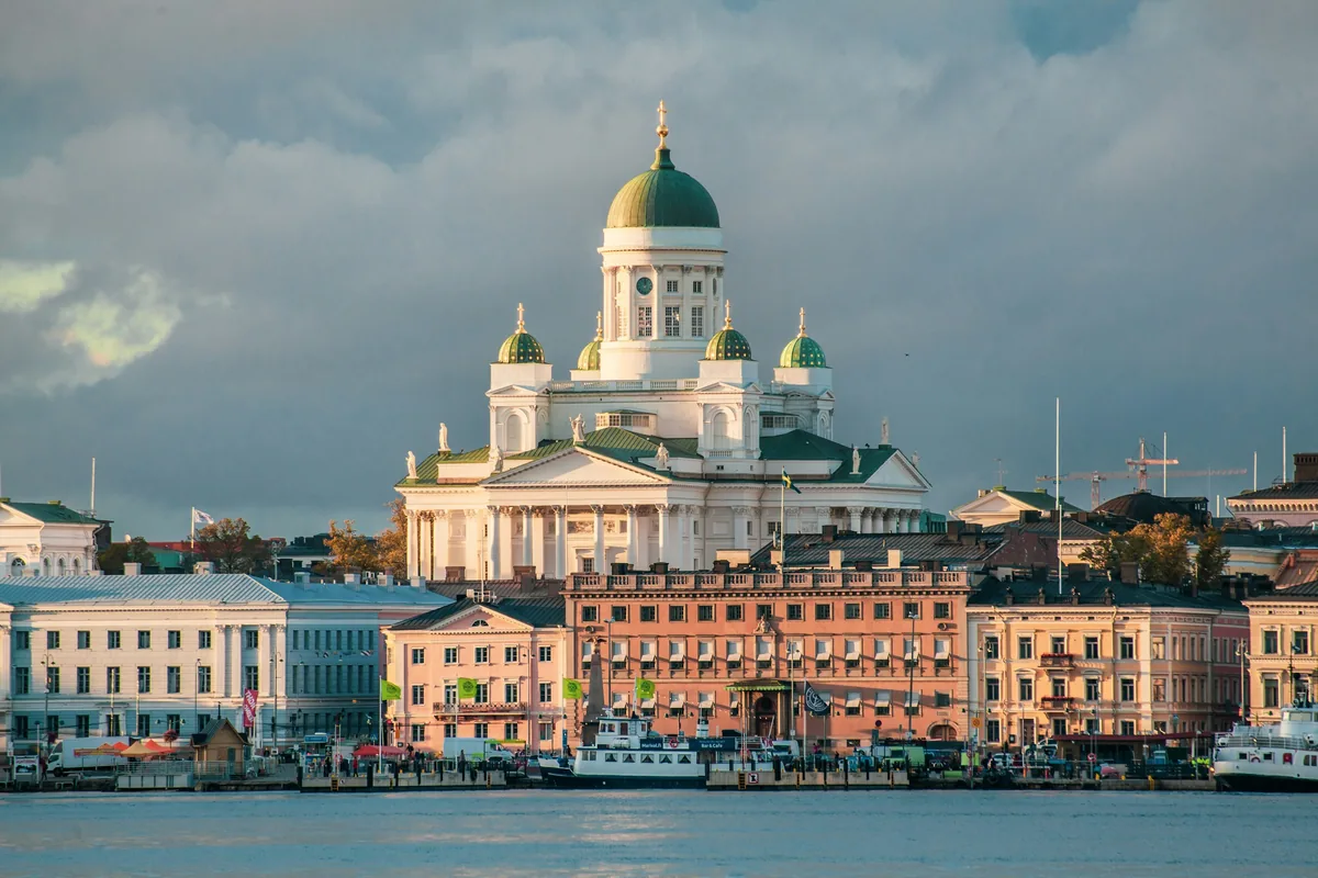 Helsinki Cathedral rising above the waterfront buildings in Helsinki, Finland