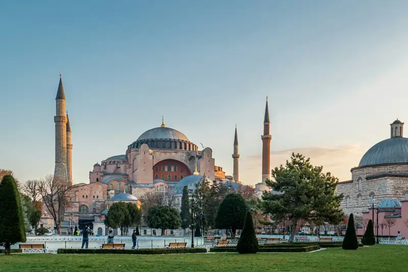 The Hagia Sophia with its large dome and minarets in Istanbul, Turkey