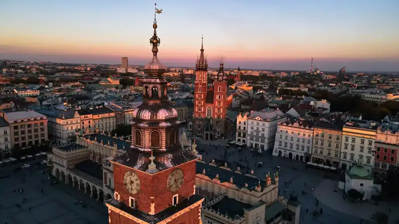 A large city with a clock tower