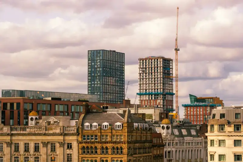 A view of a city with tall buildings
