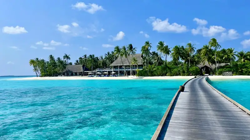 A wooden pier leading to a tropical island resort with palm trees and beach