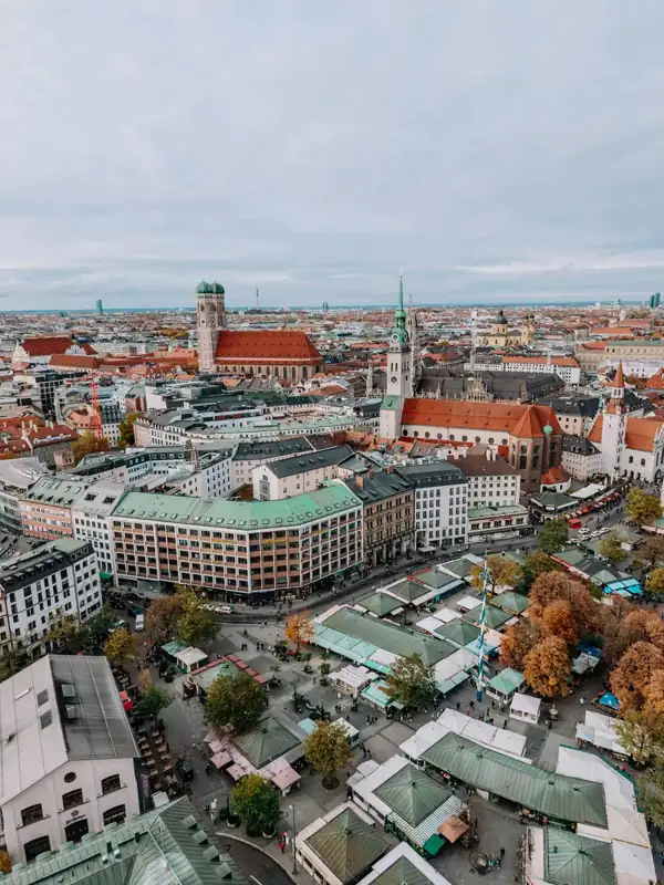 Aerial view of a european city with market stalls
