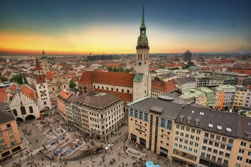 Aerial view of city buildings during sunset