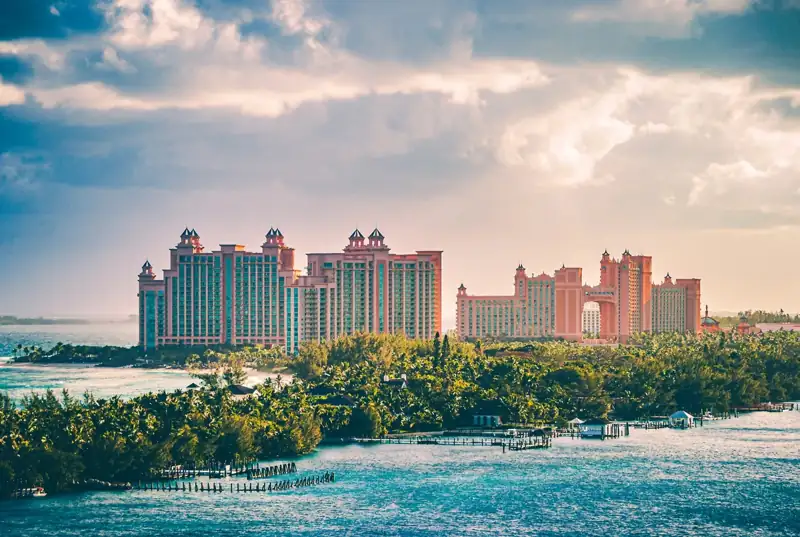 A view of a resort and a body of water
