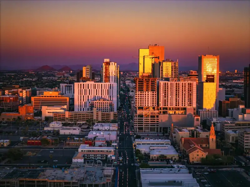 A view of a city with tall buildings