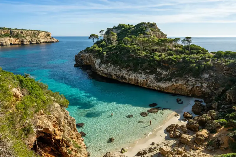 A beach with clear blue water next to a cliff