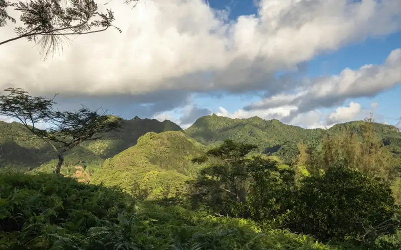Lush green mountains under a cloudy blue sky