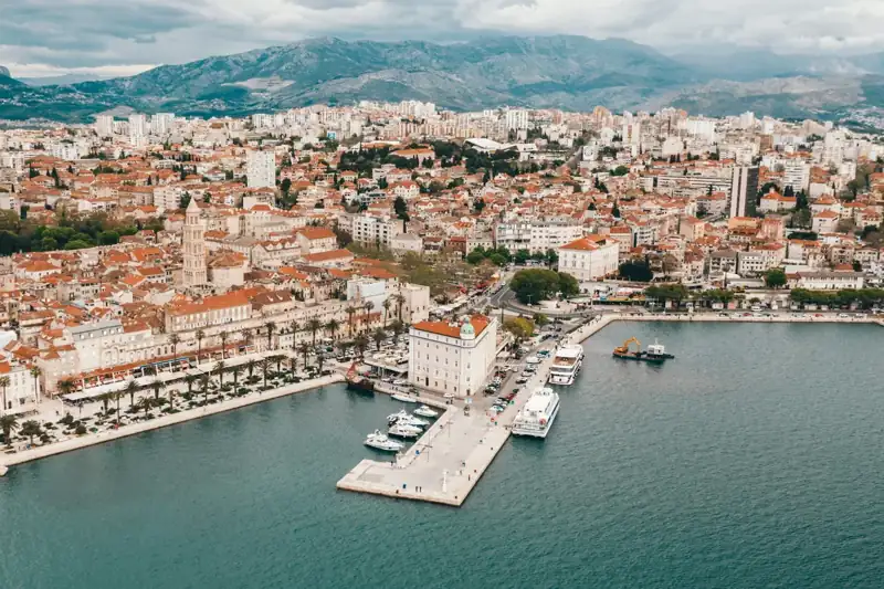 Aerial view of building near body of water